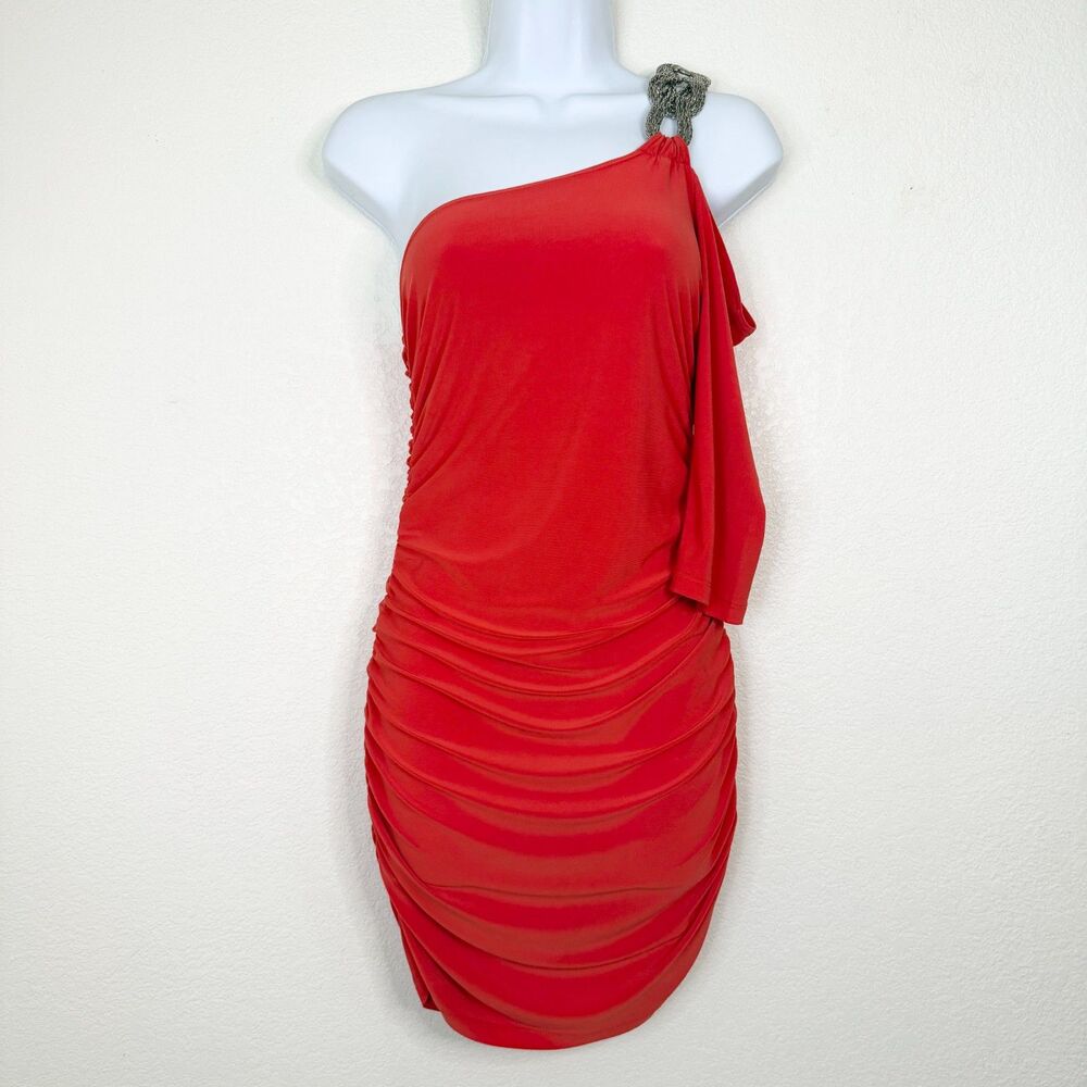 Papaya Red One Shoulder Ruched Asymmetric Mini Dress Size S